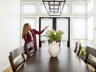 White cellular shades, cordless, energy efficient, dining room, motorized 