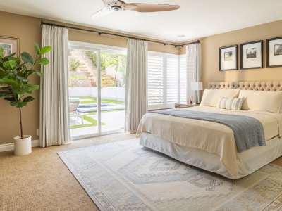 shutters, drapes, white, beige, bedroom 