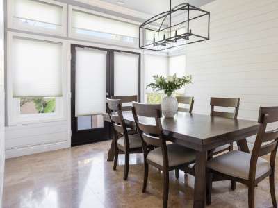 White cellular shades, cordless, energy efficient, dining room   
