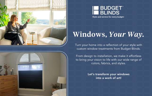 Two pictures: a woman running motorized roman shades in her living room. A window with an arched top coverd with a custom shutter in the arch and a blackout tri-light cellular shade on the bottom.