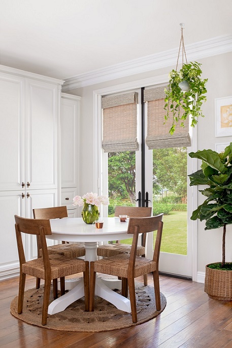 Motorized Woven Wood Shades for Breakfast Nook